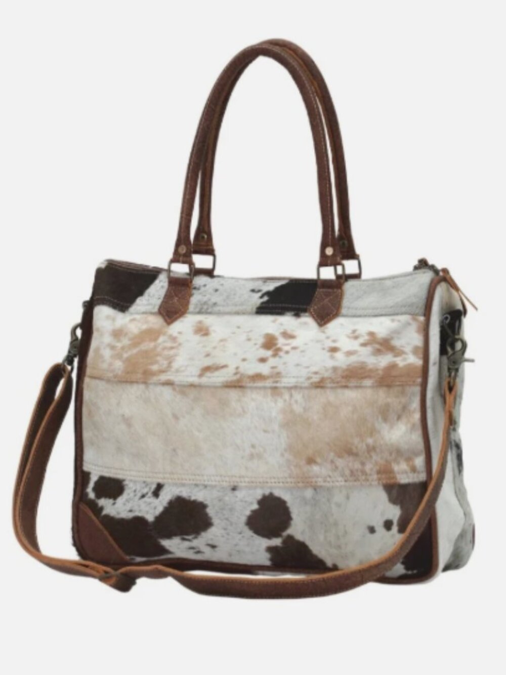 MYRA Leather & Hair On Laptop Travel Messenger Bag Satchel Brown White Crossbody